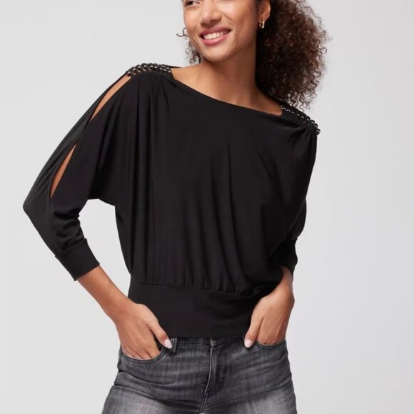 White House Black Market Matte Jersey Split Sleeve Top S Black 570349978 - Picture 2 of 8